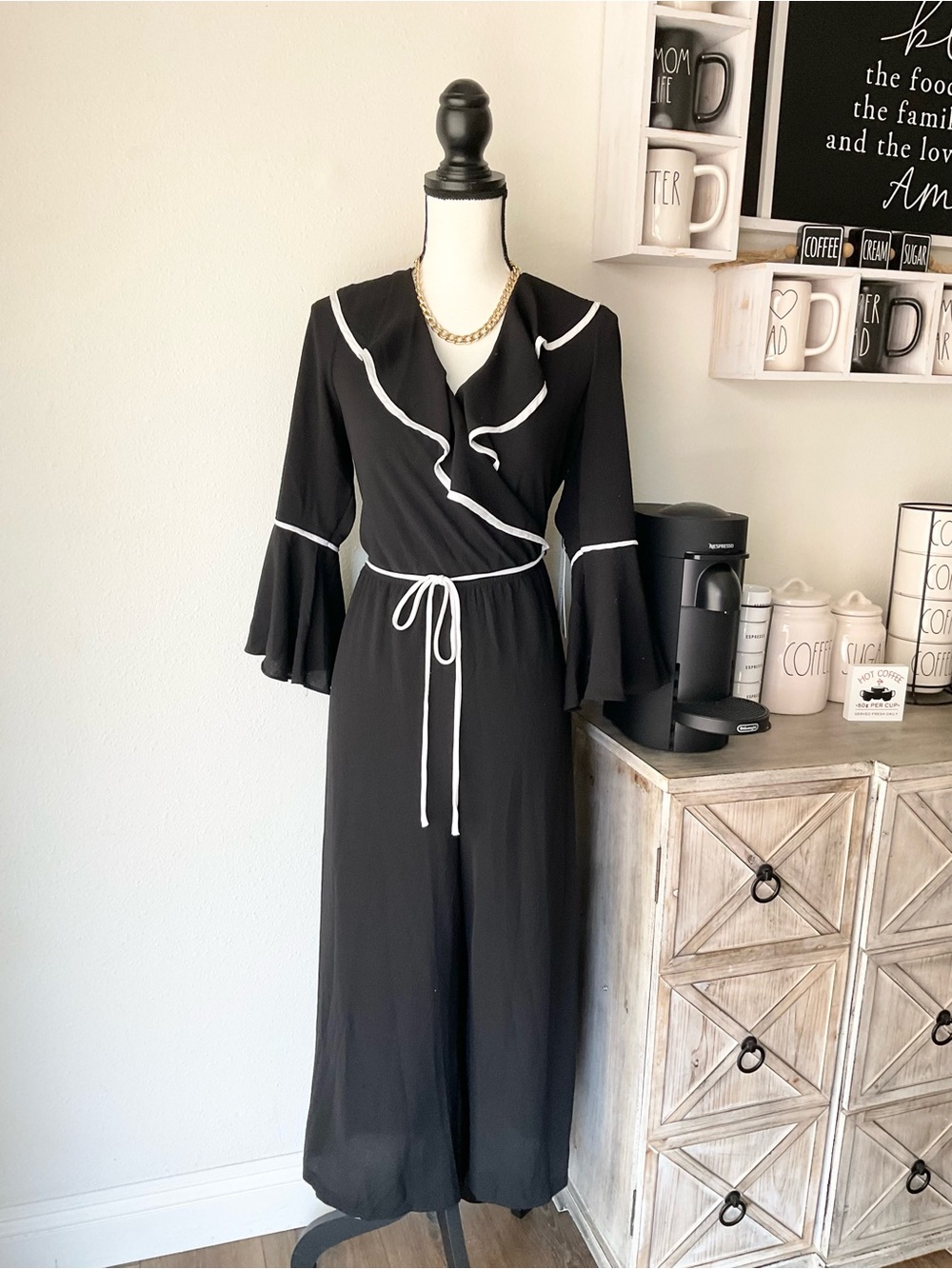Black Wrap Jumpsuit with White Piping